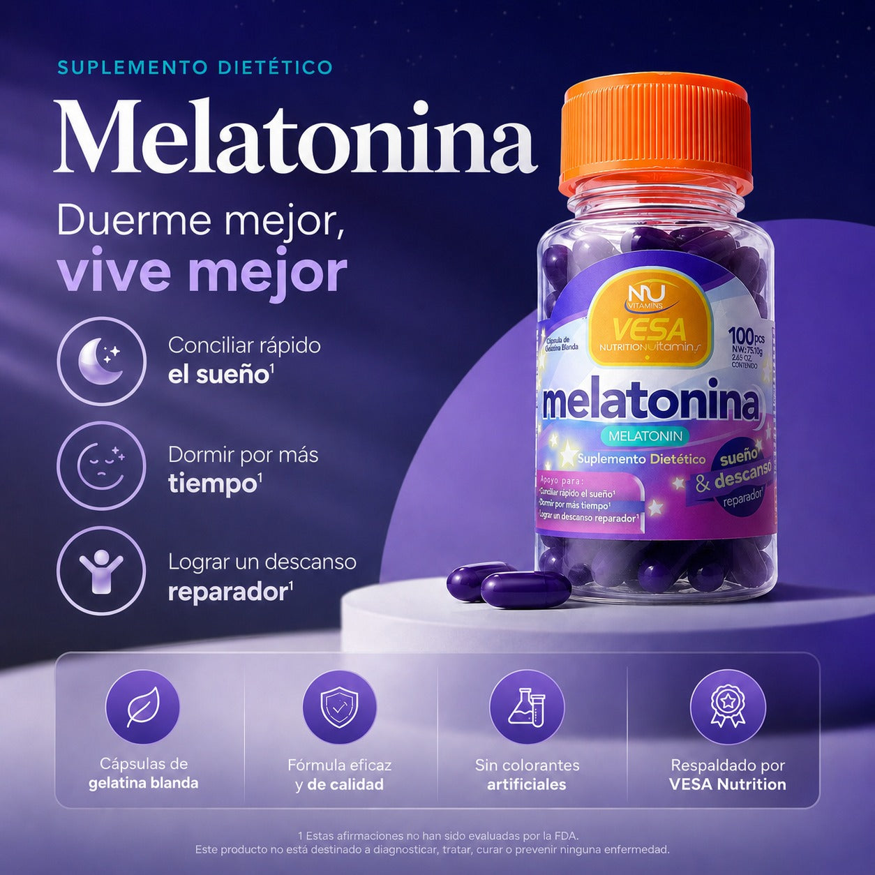 💜 Descanso y Bienestar | Melatonina Vesa 100 Cápsulas