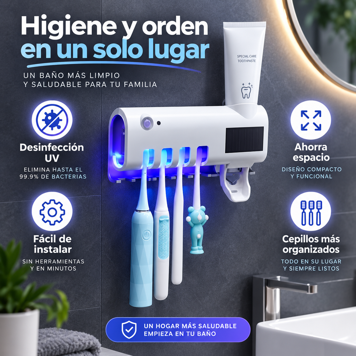 🪥✨ Esterilizador UV de Cepillos + Dispensador de Pasta Dental | ¡Un Baño Más Limpio y Organizado en Segundos!