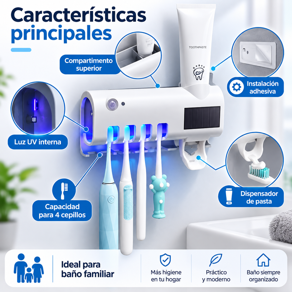 🪥✨ Esterilizador UV de Cepillos + Dispensador de Pasta Dental | ¡Un Baño Más Limpio y Organizado en Segundos!